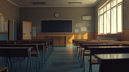 Wall Mural - Empty Classroom with Desks and Blackboard