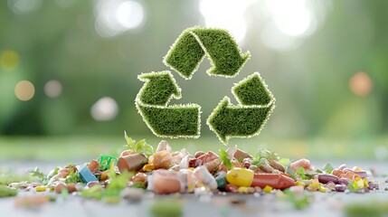 Aufkleber - A detailed three dimensional recycling emblem formed from natural moss and leaves floating over a colorful mix of food scraps with a soft dreamy bokeh background for emphasis