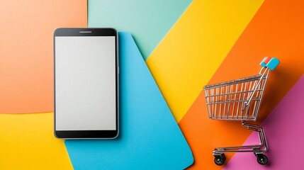 Fototapete - Smartphone with Blank Screen on Vibrant Multicolor Stage Background Alongside 3D Shopping Cart Representing the Concept of Modern Online Shopping and E commerce