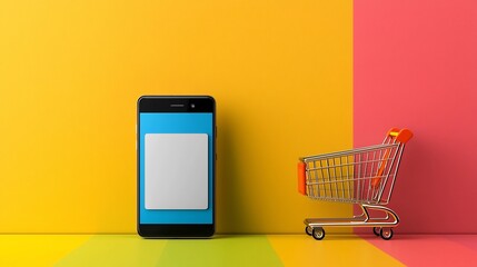 Aufkleber - Smartphone device with a shopping cart displayed on a vibrant color stage with smooth gradient backgrounds showcasing a minimalist and modern layout for ecommerce retail or digital marketing concepts