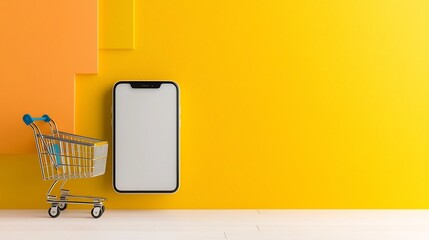 Aufkleber - Smartphone with Empty Screen Displayed on Colorful Stage with Shopping Cart Showcasing Minimalist and Modern E commerce Concept