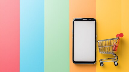 Aufkleber - Digital device with blank screen and shopping cart placed on a vibrant multi colored stage backdrop highlighting the innovative nature of e commerce and online shopping platforms