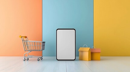 A creative and visually striking digital retail setup featuring a blank screen smartphone standing on a vibrant stage of blended colors paired with a 3D shopping cart