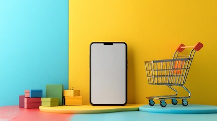 Leinwandbilder - Radiant digital retail setup featuring a blank screen smartphone standing on a vibrant stage of blended colors paired with a 3D shopping cart