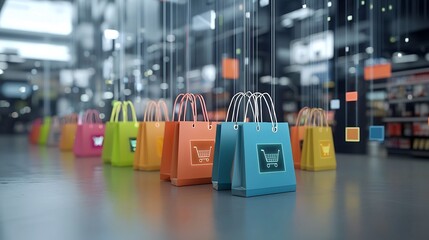 Poster - Futuristic scene showcasing multicolored shopping bags with neon like glowing details set against a dynamic background representing the modern online shopping experience