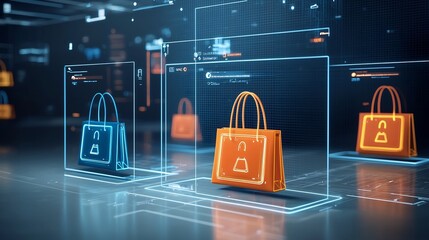 Aufkleber - Visually Stunning Futuristic Digital Shopping Design Showcasing Radiant Glowing Bags in Bold Colors Against a Vibrant Tech Themed Background with Geometric Patterns and Minimalist Stylized Elements