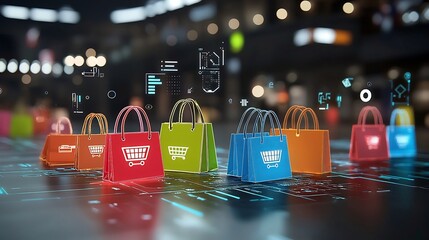 Poster - Vibrant and dynamic digital shopping bags with neon effects and bold abstract tech inspired visuals  Ideal for e commerce online shopping digital marketing and creative design projects