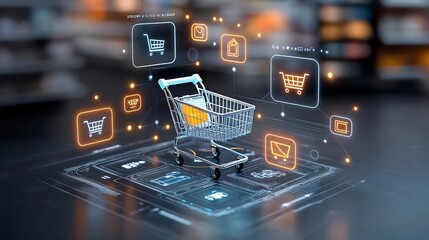 Aufkleber - Luminous Shopping Cart on a Futuristic Digital Platform with Holographic Icons and Vibrant Lighting   A modern shopping concept showcasing the future of e commerce and retail technology in a sleek