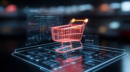 Aufkleber - Vibrant neon colored shopping cart placed on a sleek futuristic digital platform featuring holographic patterns and dynamic lighting effects