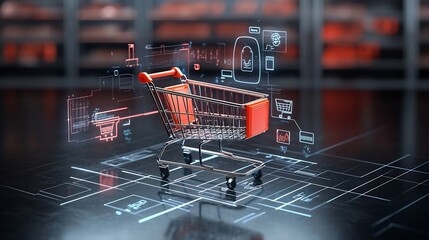 Poster - Futuristic digital scene featuring a glowing shopping cart on a sleek high tech surface highlighted by vibrant neon colors and holographic visuals showcasing an advanced
