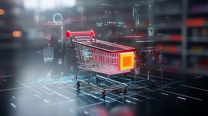 Poster - Futuristic retail concept featuring a glowing shopping cart placed on a digital surface surrounded by dynamic holographic lights and vibrant patterns