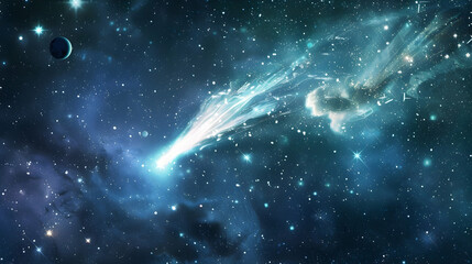 Wall Mural - glowing comet streaking through a celestial canvas of twinkling stars and distant planets, leaving a