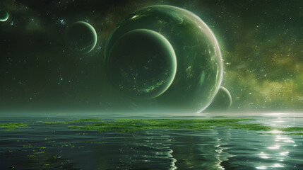 Wall Mural - lush green exoplanet with multiple moons rising over a serene ocean, beneath a canopy of bright star