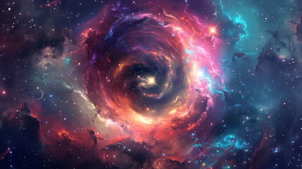 Wall Mural - panoramic view of a cosmic nebula swirling with vibrant colors and stars, framed by distant galaxies