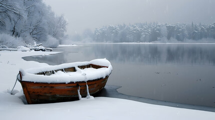 Canvas Print - Peaceful boat on a snow-laden lake, epitomizing winter's stillness and outdoor excitement. Ideal for winter landscape admirers