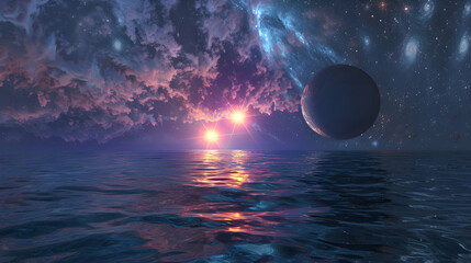 Wall Mural - peaceful journey across a cosmic ocean, with distant binary stars and the glowing center of the univ