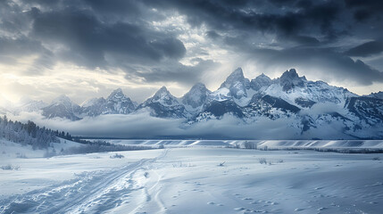 Canvas Print - Photographs of majestic mountain landscapes, highlighting dramatic skies, pristine snow, and picturesque settings