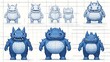 © Natcharat - A blueprint layout of an art toy monster, featuring multiple perspectives and a clean grid background