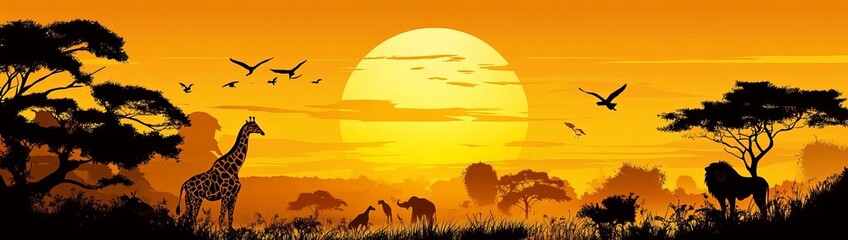 Breathtaking Sunset Over a Wildlife Landscape with Lions and Giraffes