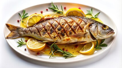 Wall Mural - Gourmet Grilled Fish with Vinegar Isolated on White Background - Perfectly Captured for Showcasing Delicious Seafood Dishes and Healthy Culinary Creations