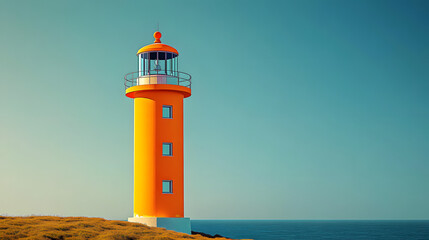 Canvas Print - An orange lighthouse, minimalist style, bright blue sky. Generative AI.