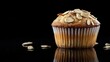 © AbstractAI - Homemade coconut cinnamon muffin topped with almond flakes on a reflective surface against a black background, emphasizing its healthy appeal.