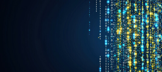 Binary code streams in blue and gold on dark background