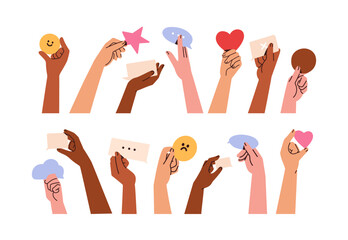 Wall Mural - speech bubble, heart, and emoji in hands, set. communication concept. giving feedback, sharing opini