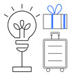 © robu_s - Light bulb emitting rays alongside a gift box and a suitcase. Ideal for innovation, creativity, travel, rewards, business incentives, motivation, and celebrations. Line metaphor