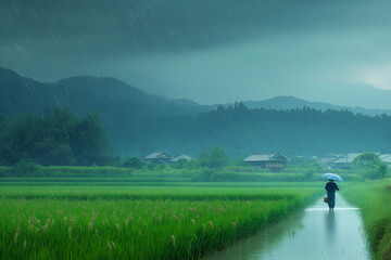  Storm cloud of the rain over the rice field.