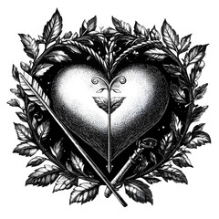 Wall Mural - heart pierced by an arrow, surrounded by leaves, combining elements of romance and detailed artistry sketch engraving generative ai PNG illustration. Scratch board imitation. Black and white image.