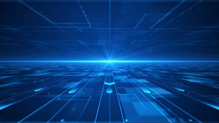 Wall Mural - a blue high-tech background grid with glowing arrows running to a horizon line of glowing dots. used
