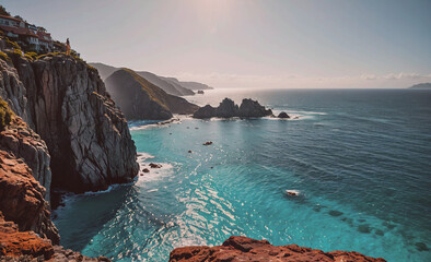 Fototapete - Beautiful ocean view with a rocky shoreline. The water is blue and the sky is clear