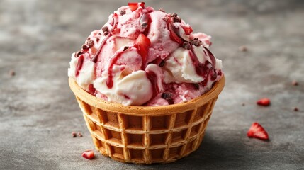 Delicious waffle cup overflowing with creamy strawberry ice cream, topped with chocolate drizzle and fresh strawberry pieces for a delightful treat.