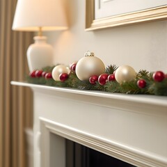 Wall Mural - Elegant Christmas mantel decor with ornaments and greenery