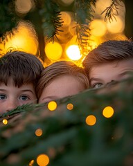 Sticker - Children peeking through greenery with sunset backdrop