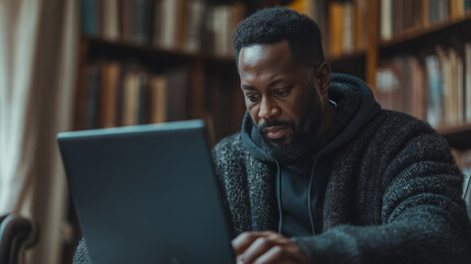 Wall Mural - A man is sitting in front of a laptop computer. He is wearing a black hoodie and he is focused on the screen