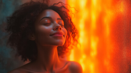 Wall Mural - A woman with curly hair is smiling and looking at the camera. She has a red and orange background behind her