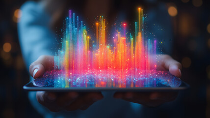 Sticker - A woman is holding a tablet with a colorful image of buildings and cities. The image is vibrant and dynamic, with a sense of movement and energy. The tablet appears to be a modern device