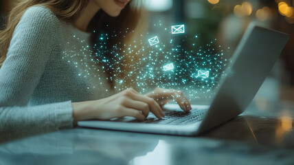 Wall Mural - a woman is typing on a laptop with a lot of emails on the screen. concept of a busy workday, with th