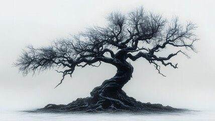 Wall Mural - A large tree with a twisted trunk and branches. The tree is surrounded by a white background. Concept of solitude and loneliness, as the tree stands alone in the vast white landscape