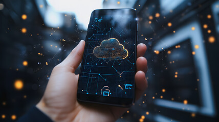 Wall Mural - a hand holding a cell phone with a cloud on the screen. concept of technology and innovation, as wel