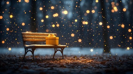 Wall Mural - Cozy winter scene with a gift on a snowy bench