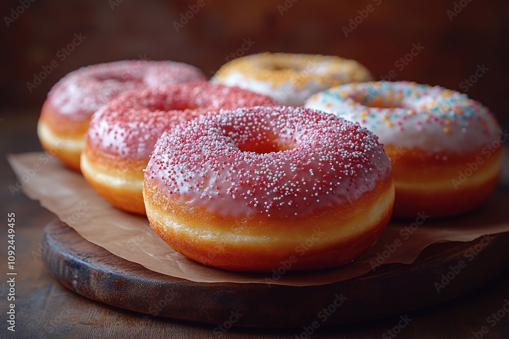 Brightly colored donuts with different flavors of glaze and sprinkles ...