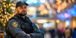 © HQAsset - Security Officer Stands Guard in Festive City Background