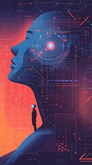Poster - Businessman observing giant futuristic female android head with circuit board pattern:
