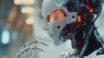 Fototapete - Humanoid robot thinking and touching its face with artificial intelligence and futuristic technology