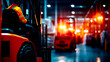 © F-STUDIO - A warehouse scene featuring forklifts with glowing lights, emphasizing a busy, industrial environment.