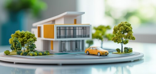 Poster - architecture model precision concept. A modern architectural model featuring a stylish house, surrounded by greenery and a miniature car on a circular base.