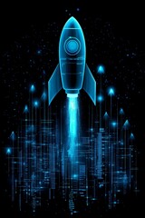 Fototapete - Digital Rocket Launching with Glowing Data Curves, Symbolizing Innovation, Business Growth, and Technological Progress, Generative AI
